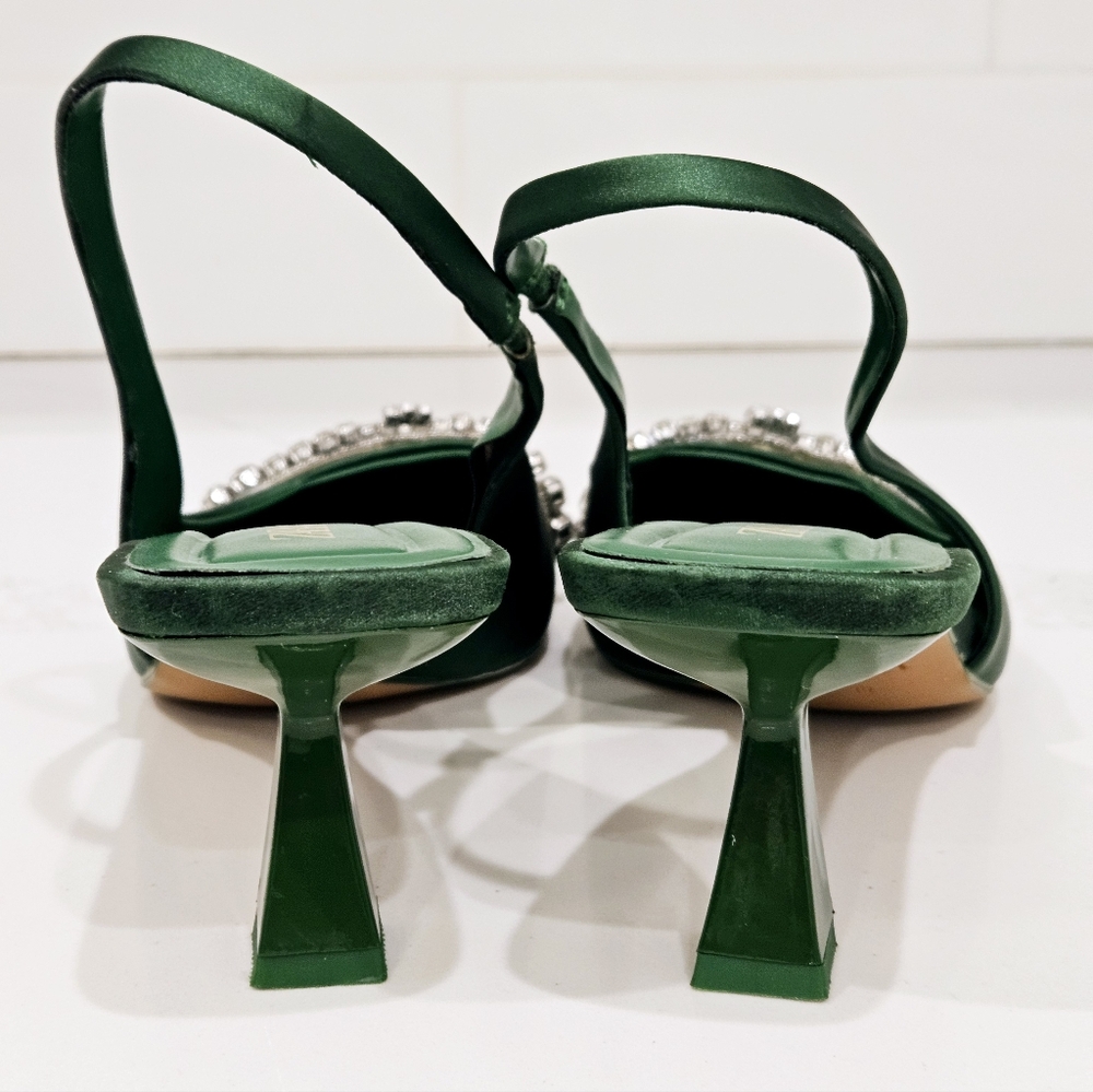 Zara Emerald Satin Slingback Heels Rhinestone Bow Kitten Heel Size 39 - Picture 4 of 6